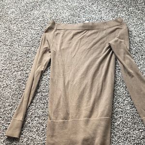 Low cut, brown, long-sleeve, dress.